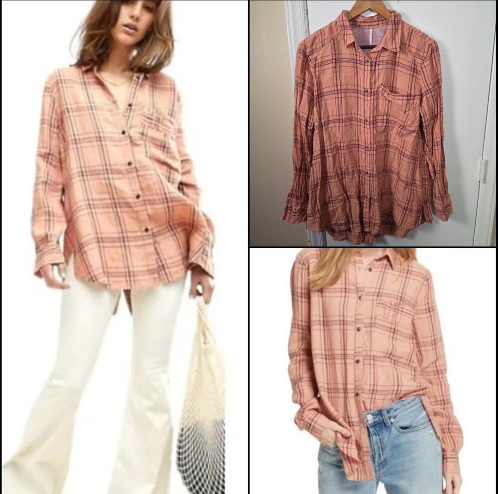 Free People ORANGE PLAID No Limits Linen Split Back Button Down Shirt Top MEDIUM